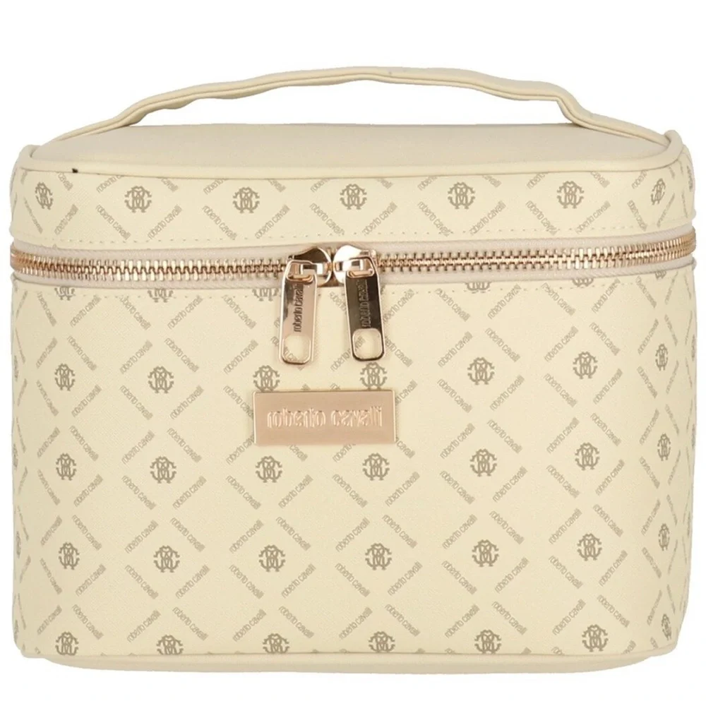 NEW Roberto Cavalli Monogram Cream Cosmetic Toiletry Bag Train Case
